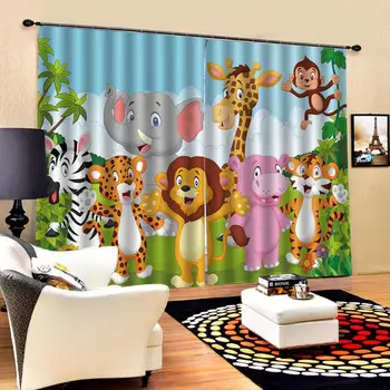 Luxusné stereoskopické Vlastné 3D animovaný Zoo Opony Pre detskej izby, Spálne, Zatmenie Okno Závesy Súpravy (Ľavej a Pravej Strane)