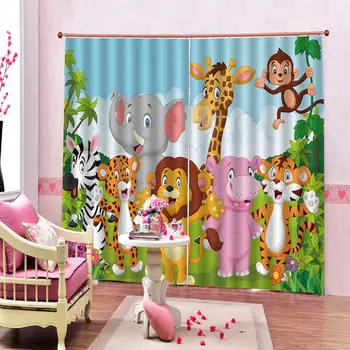Luxusné stereoskopické Vlastné 3D animovaný Zoo Opony Pre detskej izby, Spálne, Zatmenie Okno Závesy Súpravy (Ľavej a Pravej Strane)