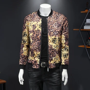 Luxusné Zlaté Leopard Tlač pánske Sako Barokový Bomber Bundy Slim Fit Zips Nátery vrchné oblečenie Windbreaker Jaqueta Masculina