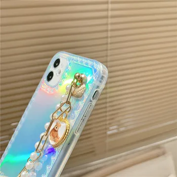 Luxusný Pearl reťazca Zápästie Telefón puzdro Pre iphone 11 Pro Max 7 8 plus SE 2020 X XR XS Max Laser Transparentné Mäkké Zadný Kryt
