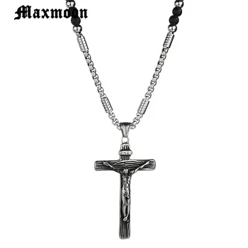 Maxmoon new Cross INRI Kríž Ježiša Kus Prívesok & Náhrdelník z Nehrdzavejúcej Ocele Mužov Korálky Reťazca Christian Šperky, Darčeky Vintage