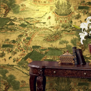 Maľovanie Čínskej Klasickej Gold Leaf Tapety V Obývacej Miestnosti, Tv Pozadie Hotel, Reštaurácia, Zábava Den Dekorácie 14415