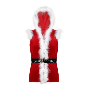Mens Sexy Vianočné Zdobiť Cosplay Kostým Zamatový Kabát s Kapucňou Umelú Kožušinu Orezávanie Stlačte Tlačidlá na Prednej strane s Kožený Opasok 73303