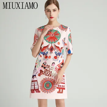MIUXIMAO 2021 Jar Jeseň Elegantné Phoenix Krásy Tlač Diamanty Krátky Rukáv Fashion Sukne Ženy Ružová Midi Šaty Vestidos 3949