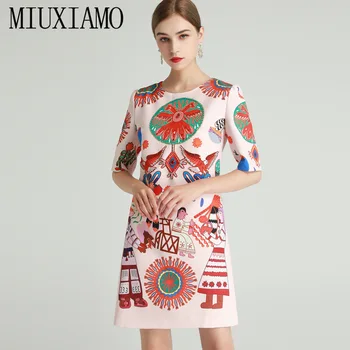 MIUXIMAO 2021 Jar Jeseň Elegantné Phoenix Krásy Tlač Diamanty Krátky Rukáv Fashion Sukne Ženy Ružová Midi Šaty Vestidos