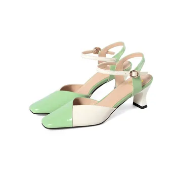 MLJUESE 2020 ženy sandále hovädzie kože štvorcové prst zelená farba crystal, vysoké podpätky pláže sandále strany svadobné šaty, veľkosť 42
