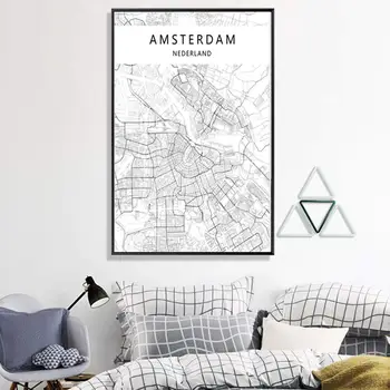 Moderné Mesto Amsterdam Mapu Minimalistický Plátno Na Maľovanie Čierne A Biele Steny Umenia, Tlače, Plagát, Obrázky, Obývacia Izba Domova 6479