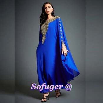 Modrá Šifón Kryštály Večerné Šaty Sofuge Saudskej Arabské Moslimské Zvláštne Príležitosti Vestidos De Fiesta De Noche Zákazku