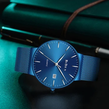 Móda Mužov Bežné Pozerať Modré z Nehrdzavejúcej Ocele Kalendár Klasickým Quartz Mužov Náramkové hodinky Štýlový Minimalizmus BIDEN Značky Darček Hodiny 4099