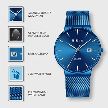 Móda Mužov Bežné Pozerať Modré z Nehrdzavejúcej Ocele Kalendár Klasickým Quartz Mužov Náramkové hodinky Štýlový Minimalizmus BIDEN Značky Darček Hodiny