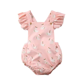 Móda Novonarodené Deti, Baby, Dievčatá Swan Bavlna Ružové Oblečenie Deti Dievča Kombinézu Jumpsuit Oblečenie Sunsuit 0-3T