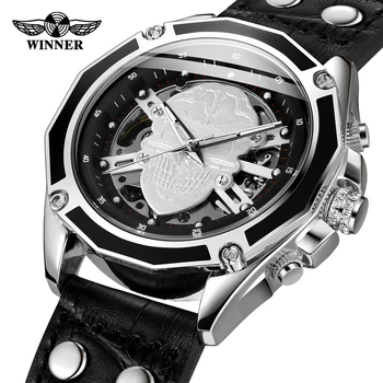 Móda Víťaz Dial Lebky Kostra Náramkové hodinky Pre Mužov Self-navíjanie Pohyb High-end Luxusný Top Značky Kožený pás 13563