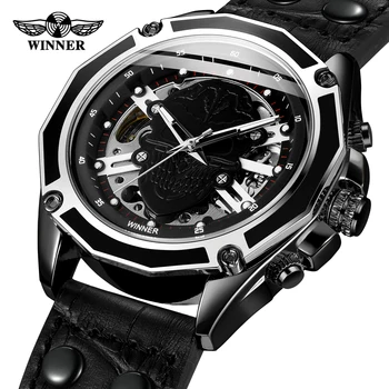 Móda Víťaz Dial Lebky Kostra Náramkové hodinky Pre Mužov Self-navíjanie Pohyb High-end Luxusný Top Značky Kožený pás