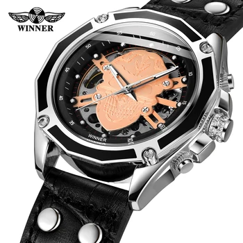 Móda Víťaz Dial Lebky Kostra Náramkové hodinky Pre Mužov Self-navíjanie Pohyb High-end Luxusný Top Značky Kožený pás