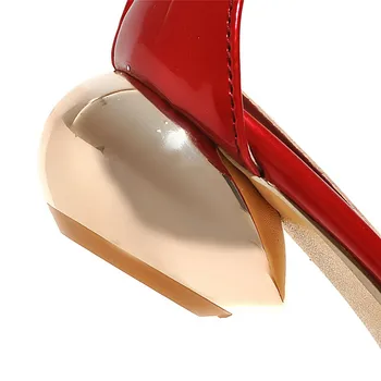 Móda Ženy Sandále Červená lakovanej Kože 4cm Kovové Podpätky Štvorcové Prst Bežné Office Lady Členok Pracky Popruhu D'Orsays Letné Topánky