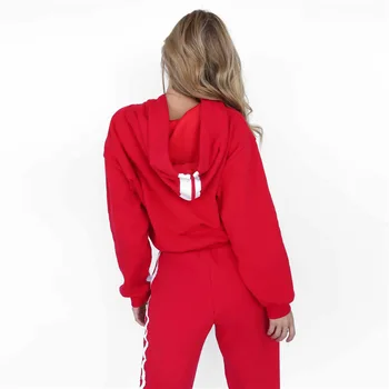 Móda Ženy Šport Vyhovovali 2 Kus Ženskej dlhým rukávom nohavice Outdoor Kapucňou Športové Jeseň Tričko Nastaviť Beží Oblečenie Červená