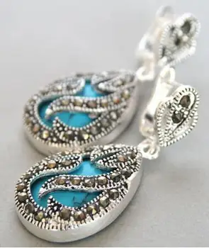 Módne šperky 925 Silver a Marcasite vložka blue Prírodné Tyrkysové Náušnice Waterdrop 9726