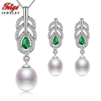 Módny Dizajn Páva Pierko Zirconia Prírodných Sladkovodných Kultivovaných Pearl Šperky Set pre Ženy Výročie Šperky, Darčeky FEIGE