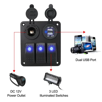 Nepremokavé 2/3 Gang 12~24V Okruhu Ovládanie Digitálny Voltmeter Dual Port USB Zásuvky Zmes Loď Auto Prepnúť Panel Modrá LED dióda
