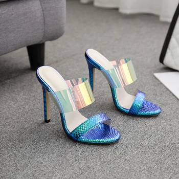 NIUFUNI Stiletto 2020 Nový Transparentný dámske Sandále PVC Sexy Típat Prst Papuče Gradient Farebné Módne Dámske členkové Topánky