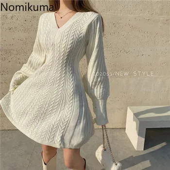 Nomikuma Elegantného tvaru Twisted Sveter Šaty kórejský Lístkového Dlhý Rukáv Štíhly Pás A-line Vestidos Ženy, Pletené Šaty 6D887