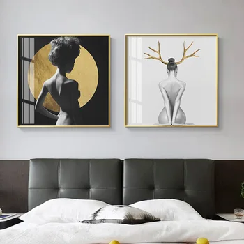 Nordic Extravagantné Čierna Žltá Geometrie Kruhový Obrázok Žena Plátno Na Maľovanie Na Stenu Obrázok, Plagát, Obývacia Izba Domáce Dekorácie