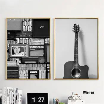 Nordic Music Prop Wall Art Plátno Na Maľovanie Vintage Domova Retro Čierna Biela Gitara Office Obývacia Izba Obrázok Minimalistický Ar