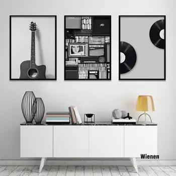 Nordic Music Prop Wall Art Plátno Na Maľovanie Vintage Domova Retro Čierna Biela Gitara Office Obývacia Izba Obrázok Minimalistický Ar