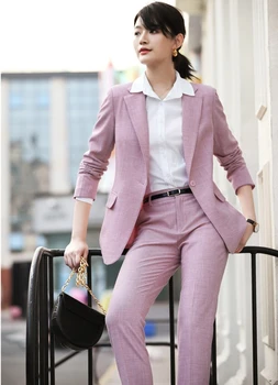 Novinka Ružová Formálne Jednotné Vzory Pantsuits s Bundy a Nohavice Dámske Office Professional Pracovné oblečenie Blejzre Pantsuits