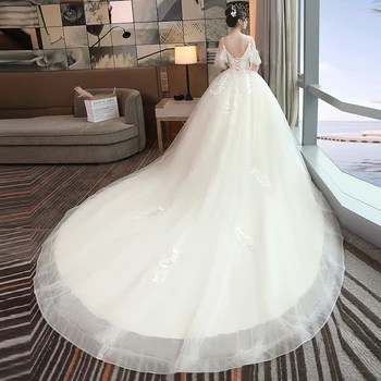 Nové 2019 Elegantná Loď Krku Krátky Rukáv Appliques Lištovanie Čipky Svadobné Šaty Pre Nevesty Šaty Svadobné Bridals Vestido De Noiva