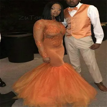 Nové Dorazí Orange Plus Veľkosť Večerné Šaty Vysoká Krku, Priehľadnej Čipky Hore Black Dievčatá Morská Víla Prom Šaty 2019 Fishtail Formálne Šaty