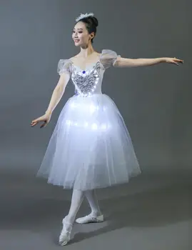 Nové Dospelých Žien Moderný Balet Šaty LED Svietiace Kostým Fáze Súťaže Tím Balet Tanečné predstavenie Biela Oka Šaty