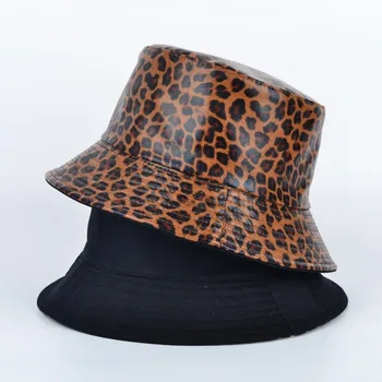 Nové Faux Kožené Vedierko Hat Obojstranný PU Leopard A Bavlna Pevné Slnko Klobúk Letné Módne Dámy Panama Rybár Spp