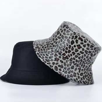 Nové Faux Kožené Vedierko Hat Obojstranný PU Leopard A Bavlna Pevné Slnko Klobúk Letné Módne Dámy Panama Rybár Spp