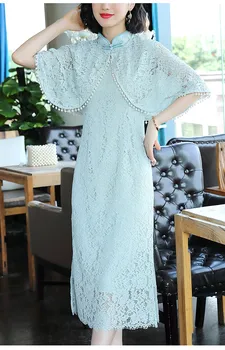 Nové letné Čínsky retro štýl mandarin golier slim čipky lepšiu Cheongsam šaty s šatkou pre ženy 3597