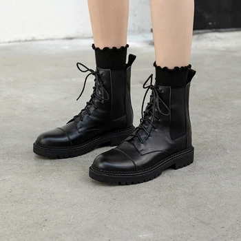 Nové Originálne Kožené Chelsea Boots Kolo Prst Krajky-Up Ženy Topánky na Platforme Módne Topánky Ručne vyrábané Žena Veľkosť 34-39 Cross-viazané