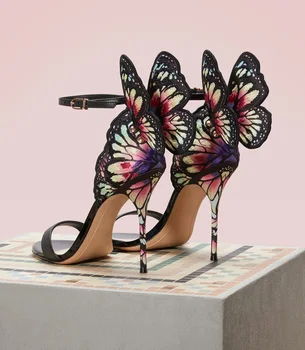 Nový Príchod Drahokamu Sandále Stiletto Päty Pracky Popruhu Vytlačené Zrkadlo Kožené Viacfarebná Motýľ Sandále Ženské Topánky
