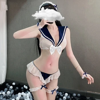 NOVÝ Sexy spodnú Bielizeň Študent Cosplay Erotické vidieť cez kostýmy Čipky Hore pánty Pre Ženy, Modrá a ružová námorník Školské Dievča oblečenie