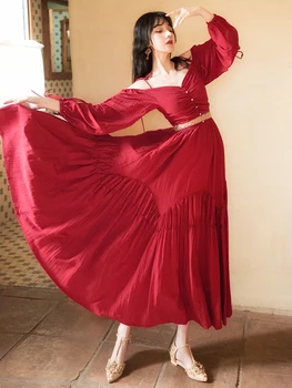 Nový ťažký cudzej ženy v jarných a jesenných prázdnin šaty atmosféru kvality retro červené šaty 2517