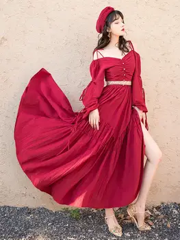 Nový ťažký cudzej ženy v jarných a jesenných prázdnin šaty atmosféru kvality retro červené šaty