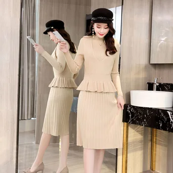 Office lady elegantné ženy sady dvoch kusov pletených slim pulóvre a kolená-dĺžku sukne márie elegantné sukne, obleky, najvyššej kvality
