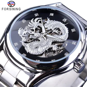 Outdoorové športy automatické mechanické pánske hodinky luxusné Čínsky drak Diamond nepremokavé Svetelný Nerezovej ocele náramok darček