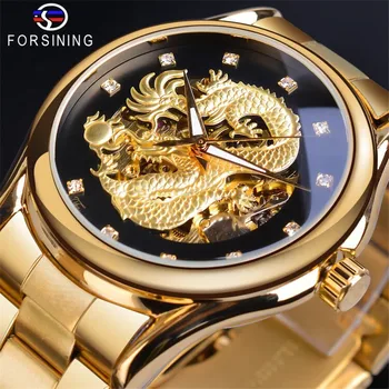 Outdoorové športy automatické mechanické pánske hodinky luxusné Čínsky drak Diamond nepremokavé Svetelný Nerezovej ocele náramok darček