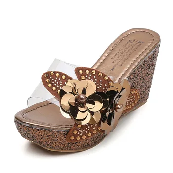Platforma papuče klin listov papuče ženy letné topánky plážové sandále, papuče dámy topánky s podpätkami pearl flower 2020 9081