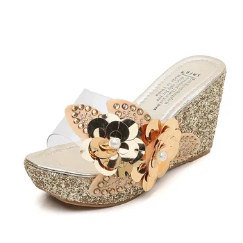 Platforma papuče klin listov papuče ženy letné topánky plážové sandále, papuče dámy topánky s podpätkami pearl flower 2020