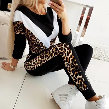 Plus Veľkosť 2 Ks Oblečenia pre Ženy, Leopard Vytlačené Patchwork Úsek Bežné Joggor Fitness Zodpovedajúce Nastavenie Veľkoobchod Nové