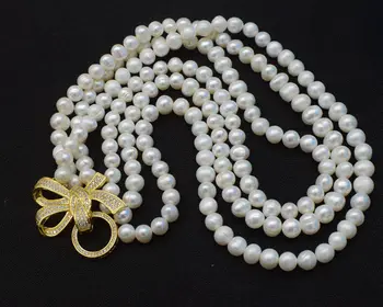 Prírodné 3rows sladkovodné white pearl v blízkosti kolo 7-8mm perly 18 - s zirkón spona náhrdelník