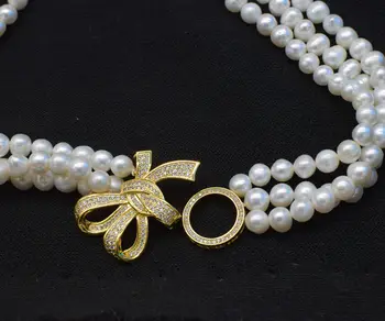Prírodné 3rows sladkovodné white pearl v blízkosti kolo 7-8mm perly 18 - s zirkón spona náhrdelník