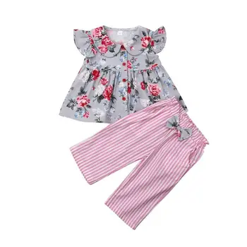 Pudcoco 2019 Lete Batoľa Detský Baby Dievča Oblečenie, Oblečenie Prehrabať T-shirt Topy Bowknot Pruhované Nohavice 2KS Deti Oblečenie Set sa