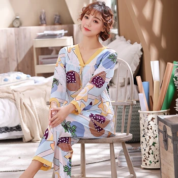 Pyžamo dámske bavlnené dlhé rukávy kórejská verzia sladké možno nosiť oblek tenké home service lete tvaru sexy nightware